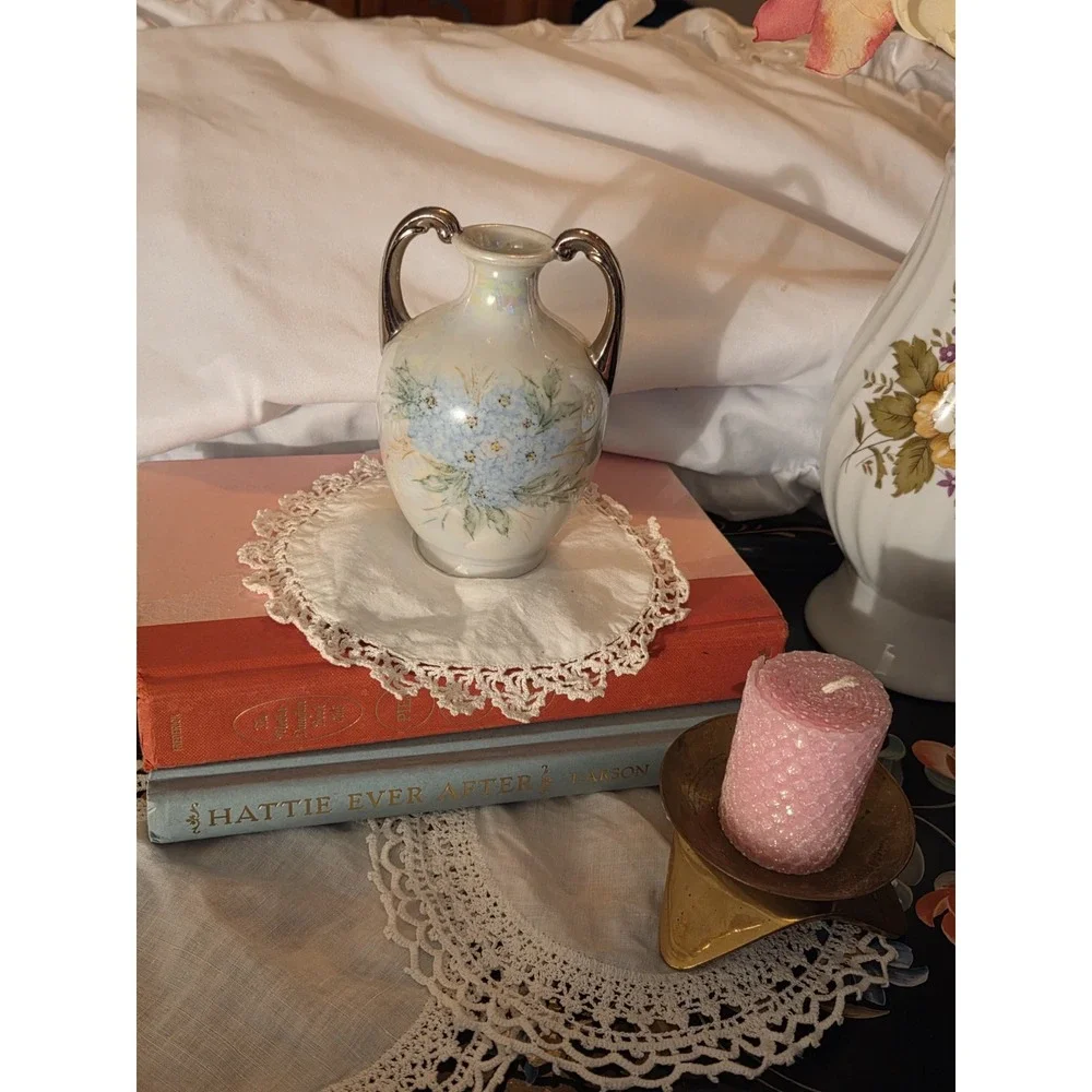 Vintage hand-painted porcelain or ceramic bud vase featuring an iridescent,...